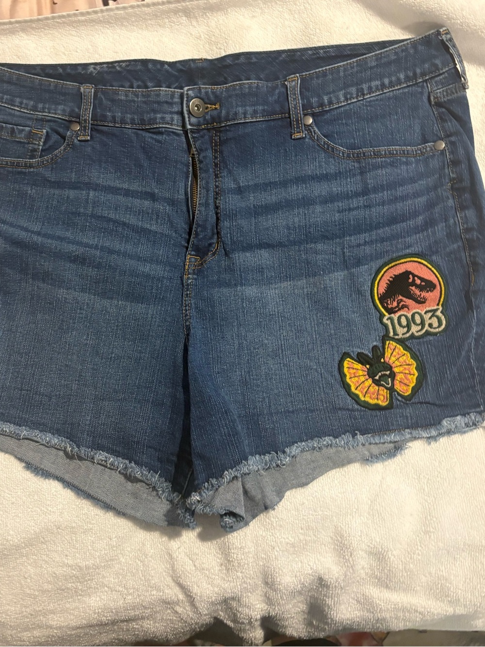 torrid Jurassic Park Denim High-Rise Patch Shorts with 1993 & Butterfly Accents